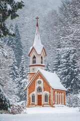 Canvas Print - Snowy forest with small church