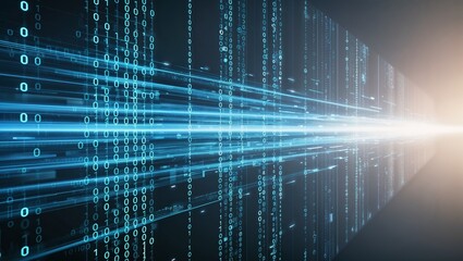 Futuristic data stream with binary code and glowing lines. The concept of modern computer technologies