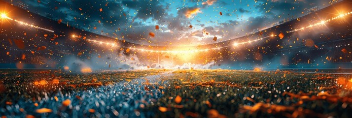 Wall Mural - Soccer Victory Celebration in Night Stadium with Confetti and Lights