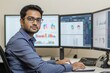 © CStock - Indian professional at desk, analyzing data on multiple screens, focused and efficient,