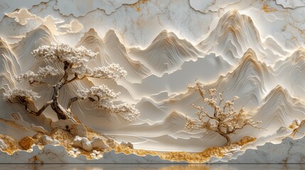 Aufkleber - White and Gold Marble Background with Tree of Life, Mountains, Floral Landscape, Decorative Chinese Art, Volumetric Stucco Molding, Japanese Landscape, Sakura, Waterfall
