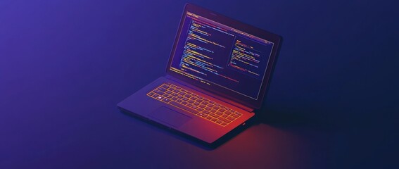 A laptop displaying colorful code in a dark, ambient setting.