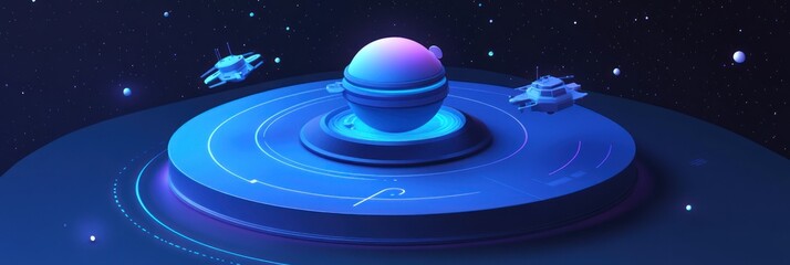 Wall Mural - a futuristic depiction of a planet surrounded by spacecraft in a cosmic environment.