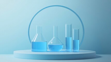 Front view of circle transparent podium and laboratory glassware filled with blue water. Empty area to display product.