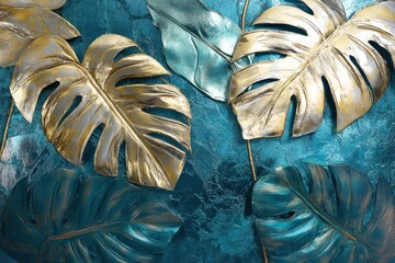 Wall Mural - Tropical leaves with neon lighting, creating a futuristic, 