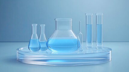 Front view of circle transparent podium and laboratory glassware filled with blue water. Empty area to display product.
