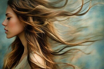 Wall Mural - Young woman portrait with long hair flowing, soft breeze creating movement, 