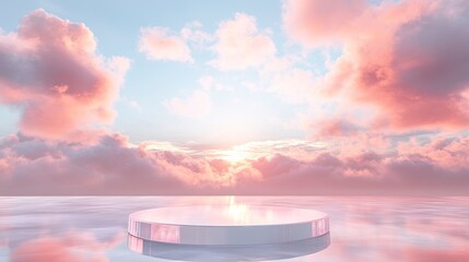 Wall Mural - Front view of transparent podium decorated with pinky cloudy sky background abstract content.