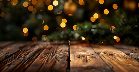 Wall Mural - bokeh on christmas tree: a wooden table top with bokeh lights from a christmas tree, creating an eco