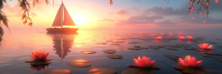 Wall Mural - a serene sunset scene with a sailboat and blooming water lilies on a tranquil lake.