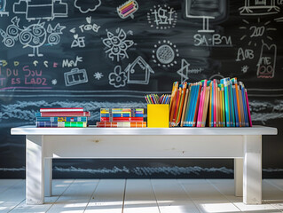 Wall Mural - Organized books and a color box on a white bench in a bright classroom, a blackboard with detailed drawings in the background.