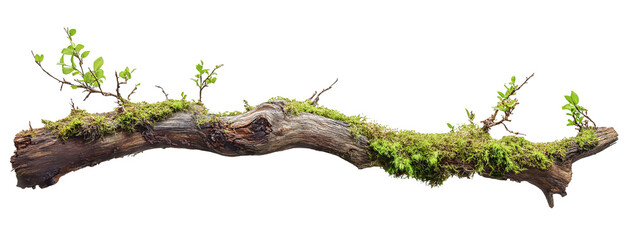green mossy tree branch log isolated in transparent background. cut out