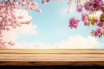 Wall Mural - Top of wood table with pink cherry blossom flower on sky background - Empty ready for your product display or montage