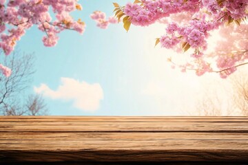 Wall Mural - Top of wood table with pink cherry blossom flower on sky background - Empty ready for your product display or montage