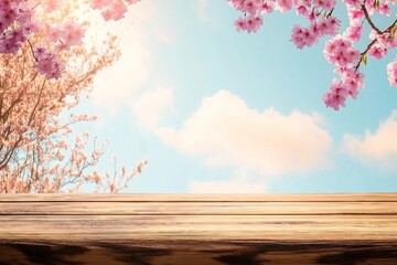 Wall Mural - Top of wood table with pink cherry blossom flower on sky background - Empty ready for your product display or montage
