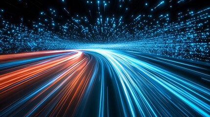 Fototapete - Speed of Light Concept in a Futuristic Tunnel with Dynamic Blue and Orange Streaks : Generative AI