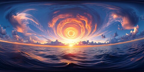 Poster - Spectacular Sunset Over Ocean Horizon with Swirling Vortex Sky in Vibrant Colors : Generative AI
