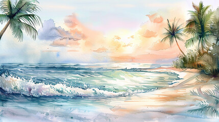 Wall Mural - A tranquil watercolor painting capturing the beauty of a secluded beach at sunset, with soft pastel skies, gently rolling waves, and palm trees swaying in the breeze.