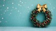© Morninghead - A beautifully decorated Christmas wreath with a gold bow, set against a soft blue background with twinkling lights.