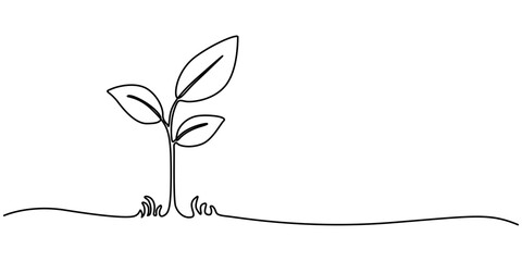 Fototapete - Plant growing continuous one line art drawing of tree plant outline vector illustration. Sprout Continuous Line Illustration, Single line drawing of a plant, Plant growing continuous one line art 
