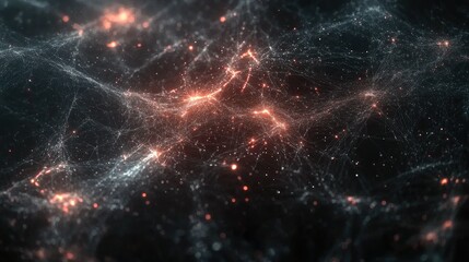 Poster - Abstract visualization of data flowing through a futuristic digital network, with glowing lines and particles moving in sync.