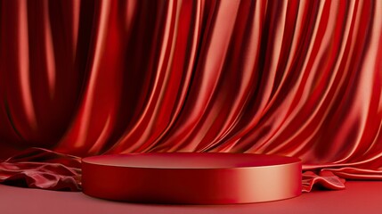 Canvas Print - Product placement. red silky fabric with shiny waves and a round stage for product placement, creative product display backdrop. Luxury product placement scene.