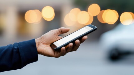 Fototapete - A hand holding a smartphone in a blurred urban setting with soft glowing lights in the background, suggesting communication and technology.