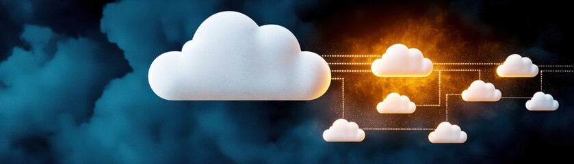 Fototapete - A graphic representation of clouds with a glowing effect, symbolizing cloud computing and data transmission.
