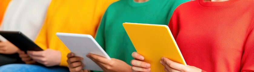 Aufkleber - A group of individuals in colorful attire engaged with tablets, showcasing a modern, tech-savvy atmosphere.