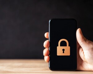 Poster - A hand holds a smartphone displaying a lock icon on its screen, symbolizing mobile security and data protection.
