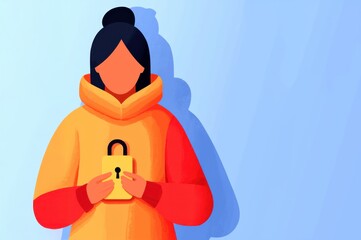 Leinwandbilder - A colorful illustration of a woman in an orange hoodie holding a padlock, symbolizing security and protection against threats.
