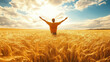 © Shanorsila - A man standing in a field of wheat, arms raised in celebration, symbolizing abundance and prosperity