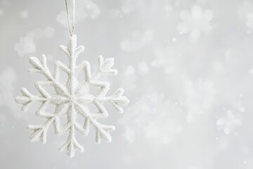 Wall Mural - snowflake ornament suspended on a soft snowy background