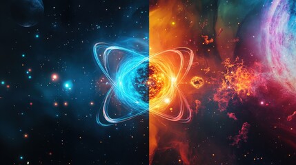 Aufkleber - A striking split-screen view of an atom contrasted with a vibrant cosmic background representing energy and matter