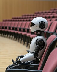 Poster - A side-angle view of a humanoid robot sitting upright in an auditorium with empty chairs during a technology exhibition event