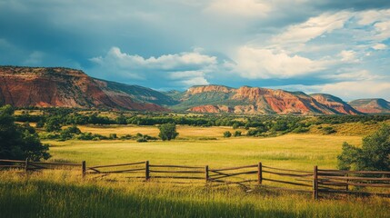  A lush green field with a wooden fence under a dramatic sky at Ghost Ranch, showcasing the stunning landscape and vibrant colors of nature