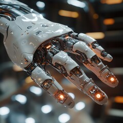 Fototapete - Close-up of a futuristic robotic hand showcasing intricate mechanical joints and glowing components in a modern setting