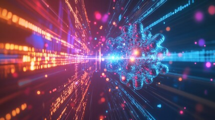 Leinwandbilder - A vibrant exploration of futuristic quantum computing dynamics with colorful particles transmitting data in a high-tech environment