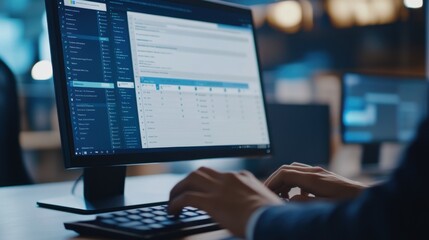 Poster - Close-up view of a computer screen displaying data and analysis while a person types during a late work session in an office