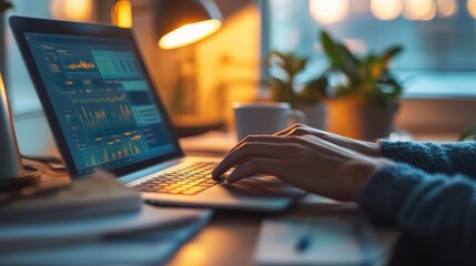Aufkleber - Close-up of hands typing on a laptop in a cozy workspace during sunset with warm light and greenery in the background