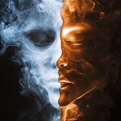 Aufkleber - A compelling close-up of a human face split in half, showcasing contrasting expressions and colors blending smoke, in an artistic concept