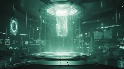 Fototapete - A high-tech laboratory featuring glowing interfaces and advanced technology during a busy research session