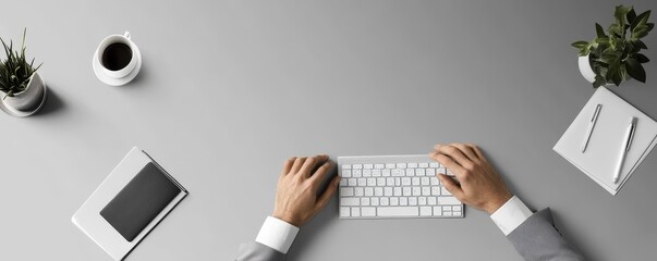 Wall Mural - Businessman with cheerful smile typing on keyboard modern office digital workspace minimalist design top view perspective for positive work environment