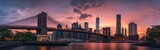 A stunning sunset view over the historic Brooklyn Bridge and Manhattan skyline reflected in the water