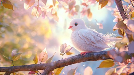 A cute face on a happy a white dove wearing feathers dress of pastel iridescent, lives on a big tree in the sky on top of river, in the style 