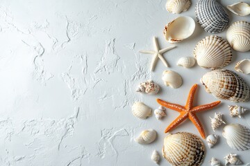 Wall Mural - assorted seashells with starfish on white texture