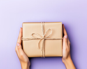 Hands holding a gift box isolated on purple background