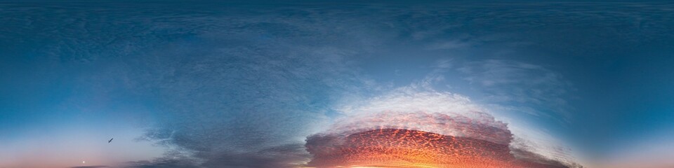Wall Mural - Red burning sunset sky panorama with Cumulus clouds. Seamless hdr 360 pano in spherical equirectangular format. Sky dome or zenith for 3D visualization, sky replacement for aerial drone panoramas