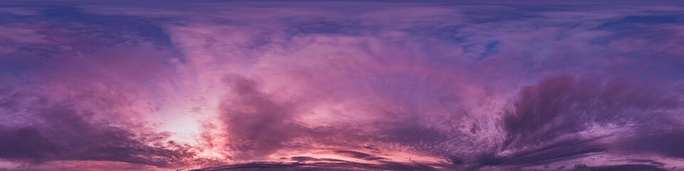 Wall Mural - sunset sky with bright glowing pink cumulus clouds. seamless spherical hdr 360 panorama. full zenith