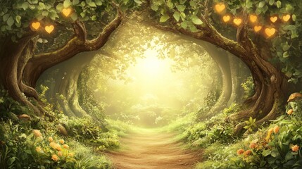 Wall Mural - Enchanting forest path, sunlight filtering through trees, nature tranquil pathway